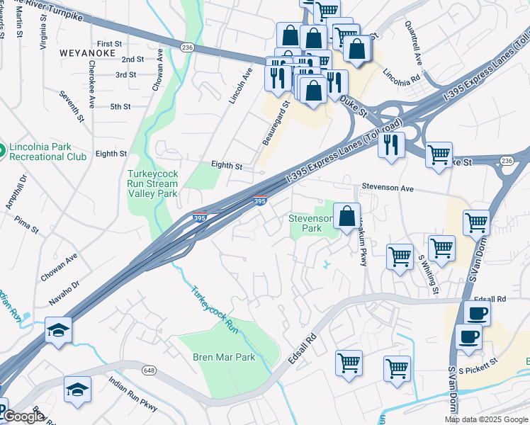 map of restaurants, bars, coffee shops, grocery stores, and more near 5199 Cottingham Place in Alexandria