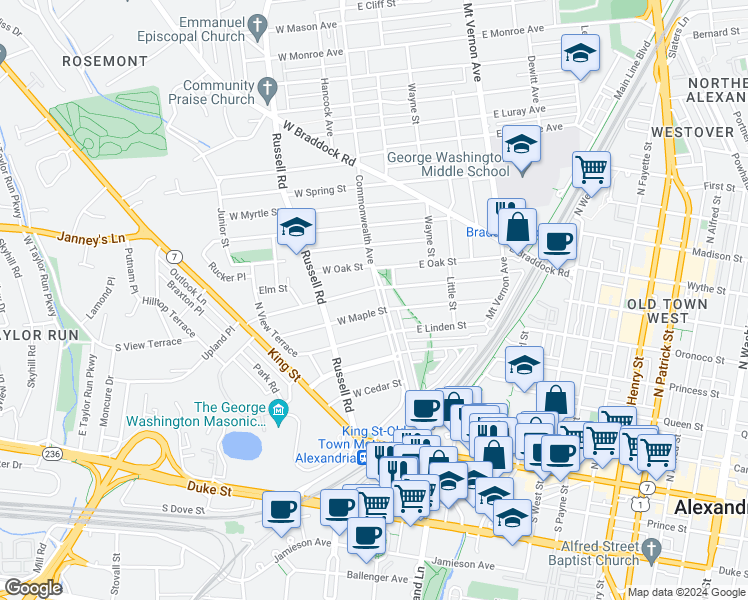 map of restaurants, bars, coffee shops, grocery stores, and more near 400 Commonwealth Avenue in Alexandria