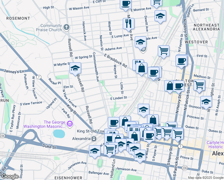 map of restaurants, bars, coffee shops, grocery stores, and more near 16 East Maple Street in Alexandria