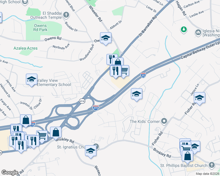 map of restaurants, bars, coffee shops, grocery stores, and more near 2513 Larry Avenue in Fort Washington