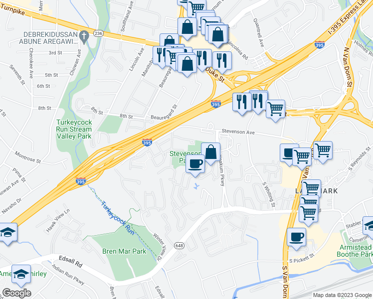 map of restaurants, bars, coffee shops, grocery stores, and more near 276 Stevenson Square in Alexandria