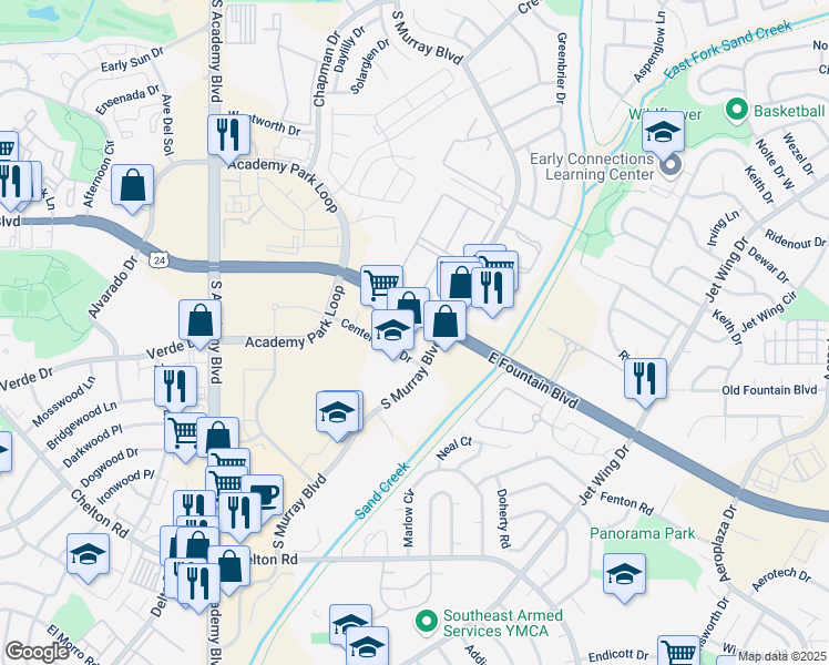 map of restaurants, bars, coffee shops, grocery stores, and more near 4138-4298 East Fountain Boulevard in Colorado Springs