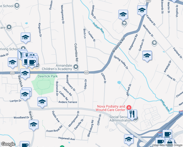 map of restaurants, bars, coffee shops, grocery stores, and more near 6616 Braddock Road in Annandale