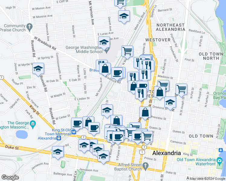 map of restaurants, bars, coffee shops, grocery stores, and more near 541 Colecroft Court in Alexandria