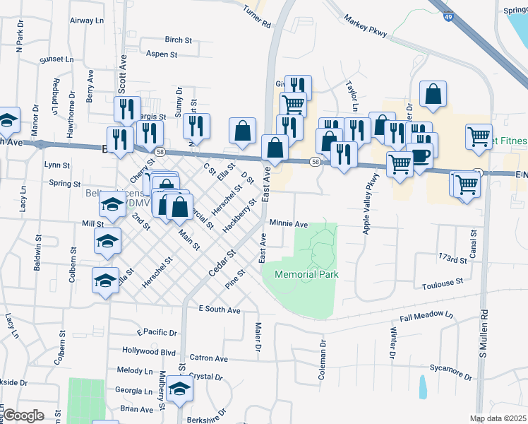 map of restaurants, bars, coffee shops, grocery stores, and more near 119 East Avenue in Belton