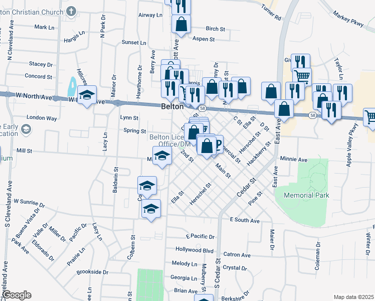 map of restaurants, bars, coffee shops, grocery stores, and more near 611 2nd Street in Belton