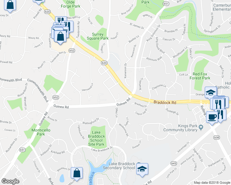 map of restaurants, bars, coffee shops, grocery stores, and more near 5110 Arrit Court in Burke