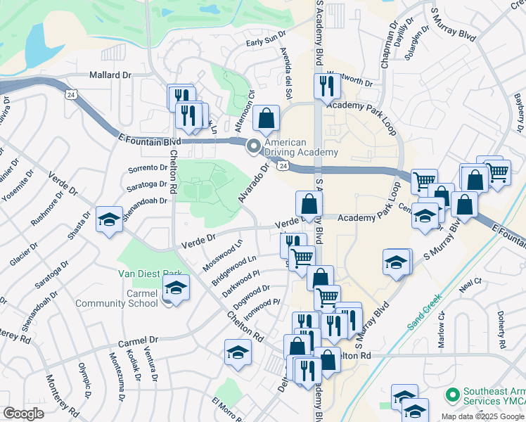 map of restaurants, bars, coffee shops, grocery stores, and more near 1425 Alvarado Drive in Colorado Springs