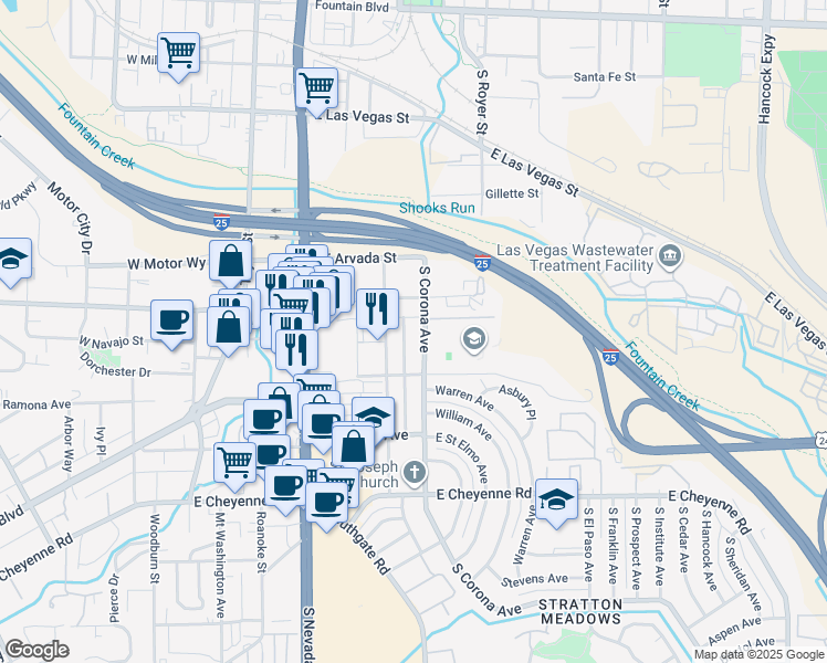 map of restaurants, bars, coffee shops, grocery stores, and more near 417 East Brookside Street in Colorado Springs