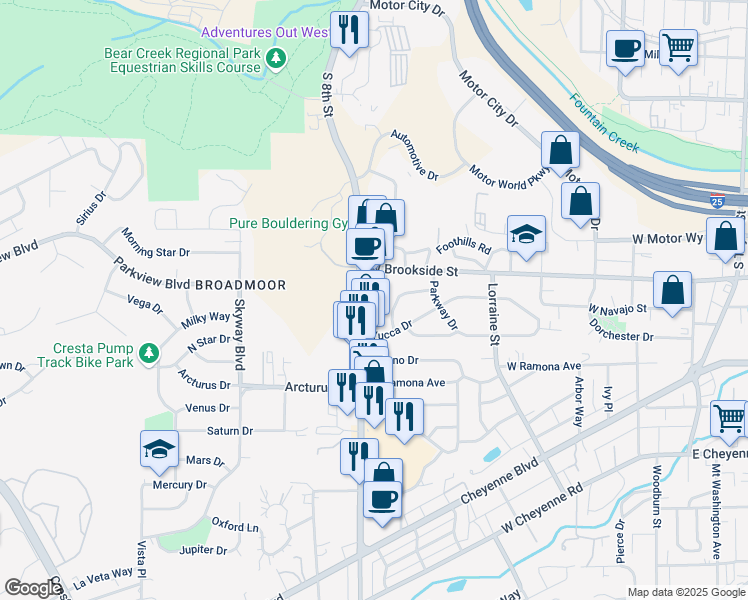 map of restaurants, bars, coffee shops, grocery stores, and more near in Colorado Springs