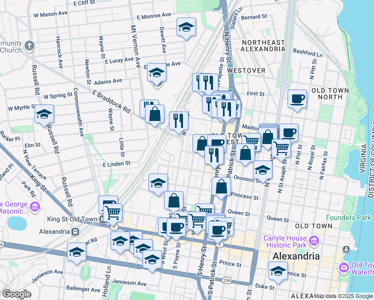 map of restaurants, bars, coffee shops, grocery stores, and more near 1323 Pendleton Street in Alexandria