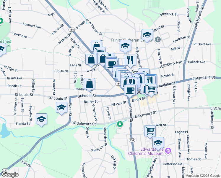 map of restaurants, bars, coffee shops, grocery stores, and more near 155 North Main Street in Edwardsville
