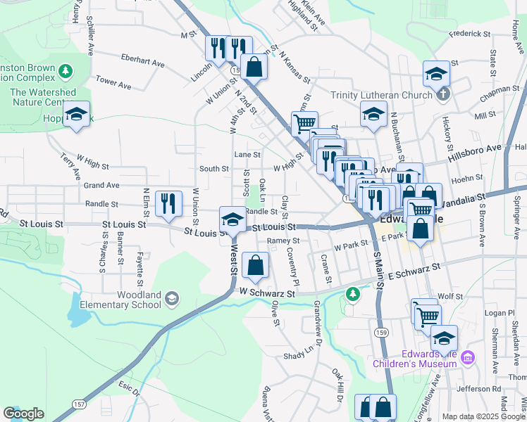 map of restaurants, bars, coffee shops, grocery stores, and more near 521 Center Street in Edwardsville