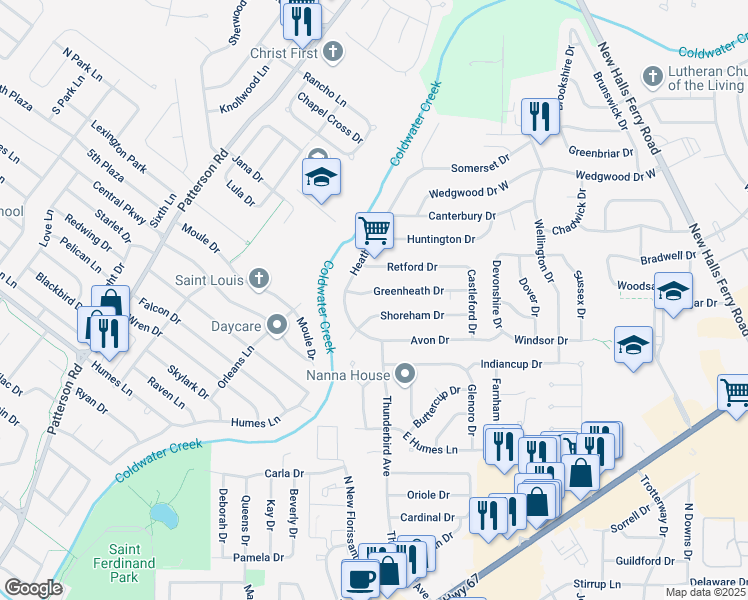 map of restaurants, bars, coffee shops, grocery stores, and more near 2910 Heatherton Drive in Florissant