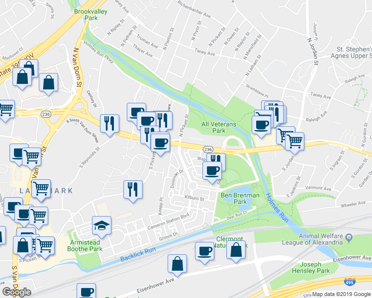 map of restaurants, bars, coffee shops, grocery stores, and more near 5101 Gardner Drive in Alexandria