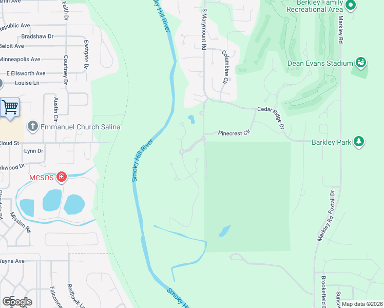 map of restaurants, bars, coffee shops, grocery stores, and more near Riverrun Parkway in Salina