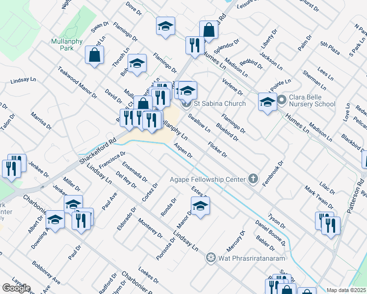 map of restaurants, bars, coffee shops, grocery stores, and more near 1505 Aspen Drive in Florissant