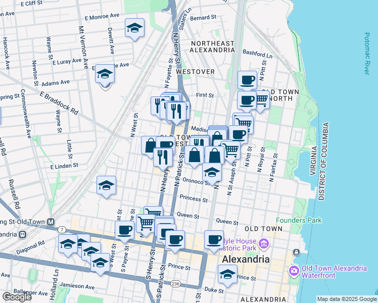 map of restaurants, bars, coffee shops, grocery stores, and more near 911 Pendleton Street in Alexandria