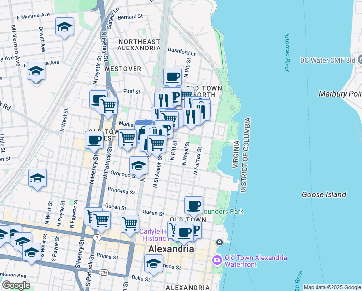 map of restaurants, bars, coffee shops, grocery stores, and more near 401 Wythe Street in Alexandria