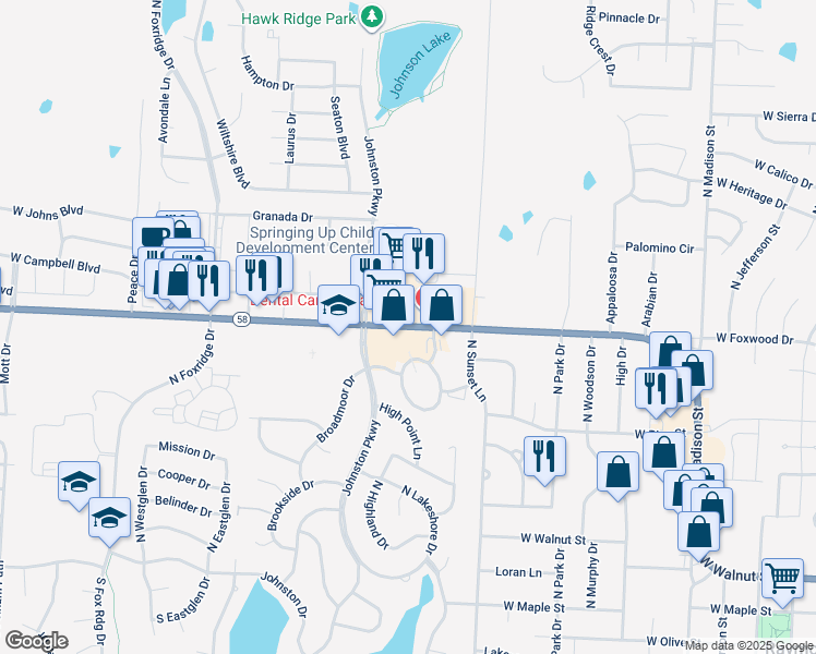 map of restaurants, bars, coffee shops, grocery stores, and more near 822 West Foxwood Drive in Raymore