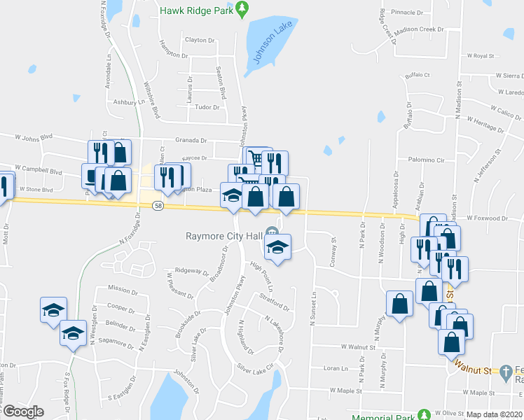 map of restaurants, bars, coffee shops, grocery stores, and more near 850 West Foxwood Drive in Raymore