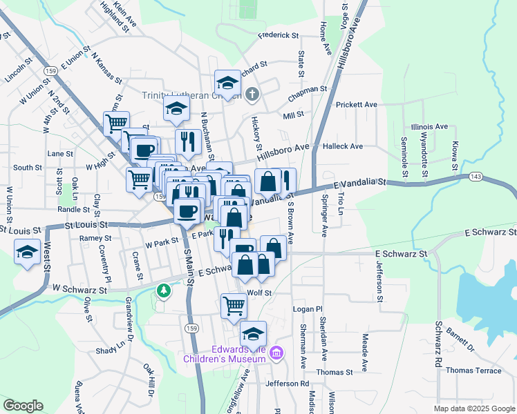 map of restaurants, bars, coffee shops, grocery stores, and more near 420 East Vandalia Street in Edwardsville