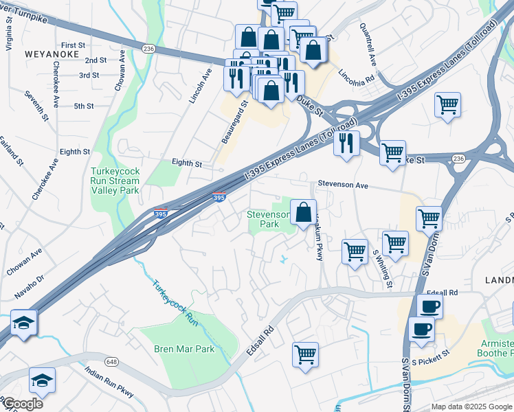 map of restaurants, bars, coffee shops, grocery stores, and more near 218 Stevenson Square in Alexandria