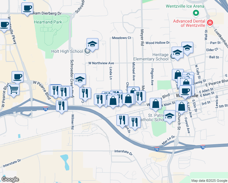 map of restaurants, bars, coffee shops, grocery stores, and more near 302 Linda Lane in Wentzville
