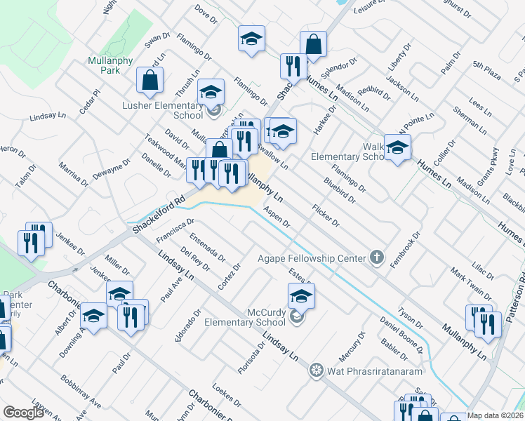 map of restaurants, bars, coffee shops, grocery stores, and more near 1575 Aspen Drive in Florissant