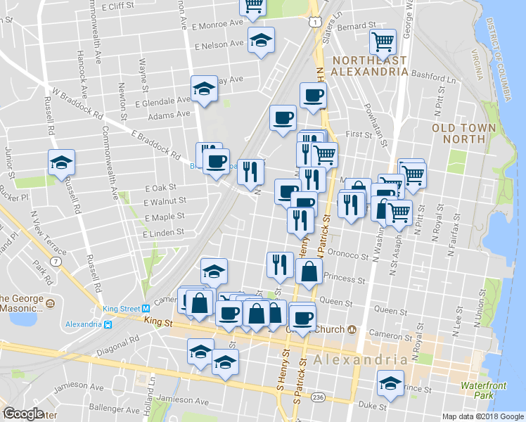 map of restaurants, bars, coffee shops, grocery stores, and more near 1323 Pendleton Street in Alexandria