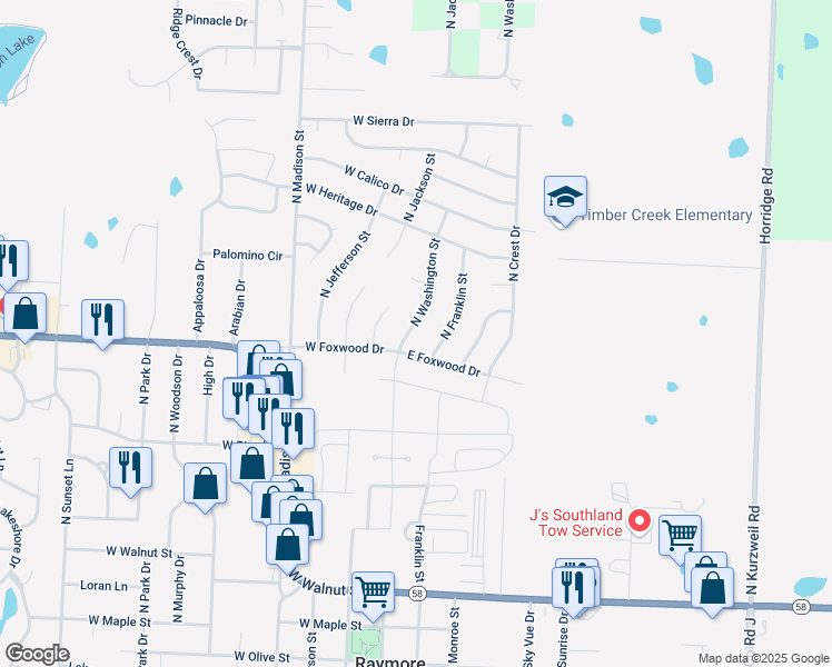 map of restaurants, bars, coffee shops, grocery stores, and more near 405 North Washington Street in Raymore