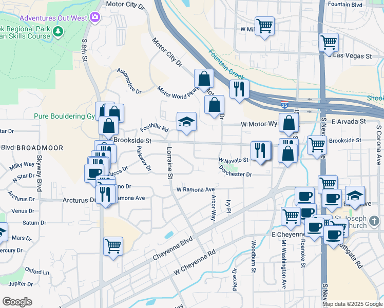 map of restaurants, bars, coffee shops, grocery stores, and more near 1504 Crestone Avenue in Colorado Springs