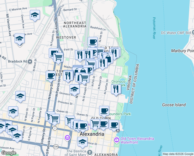 map of restaurants, bars, coffee shops, grocery stores, and more near 401 Wythe Street in Alexandria