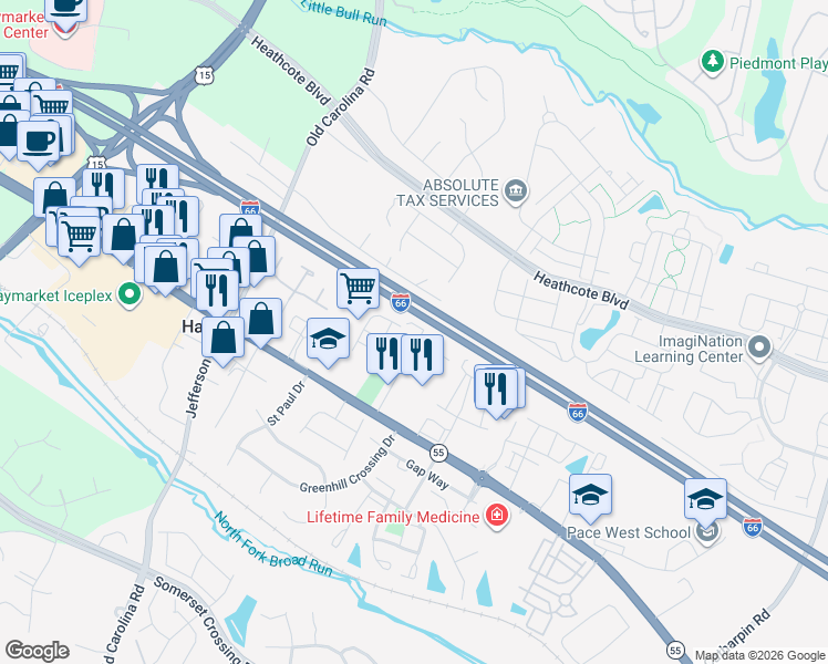 map of restaurants, bars, coffee shops, grocery stores, and more near 6720 Bleight Drive in Haymarket