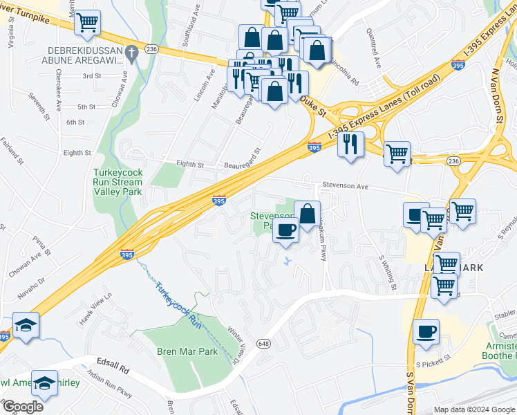 map of restaurants, bars, coffee shops, grocery stores, and more near 218 Stevenson Square in Alexandria