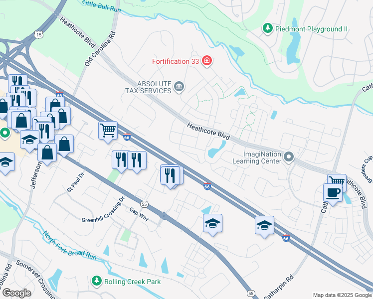 map of restaurants, bars, coffee shops, grocery stores, and more near 14662 Shelford Way in Gainesville