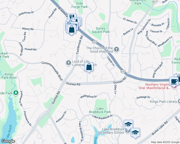 map of restaurants, bars, coffee shops, grocery stores, and more near 9519 Harrowhill Lane in Burke