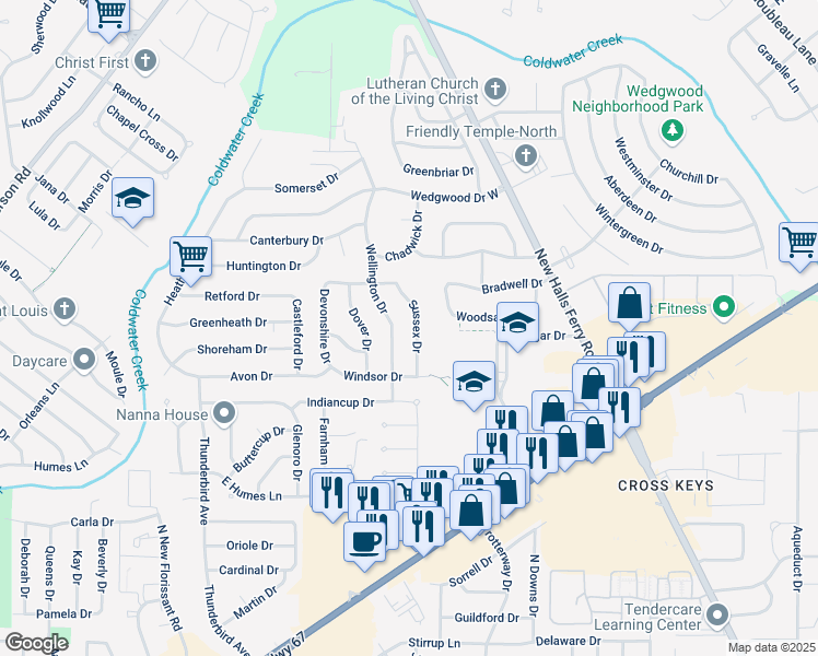 map of restaurants, bars, coffee shops, grocery stores, and more near 2865 Sussex Drive in Florissant