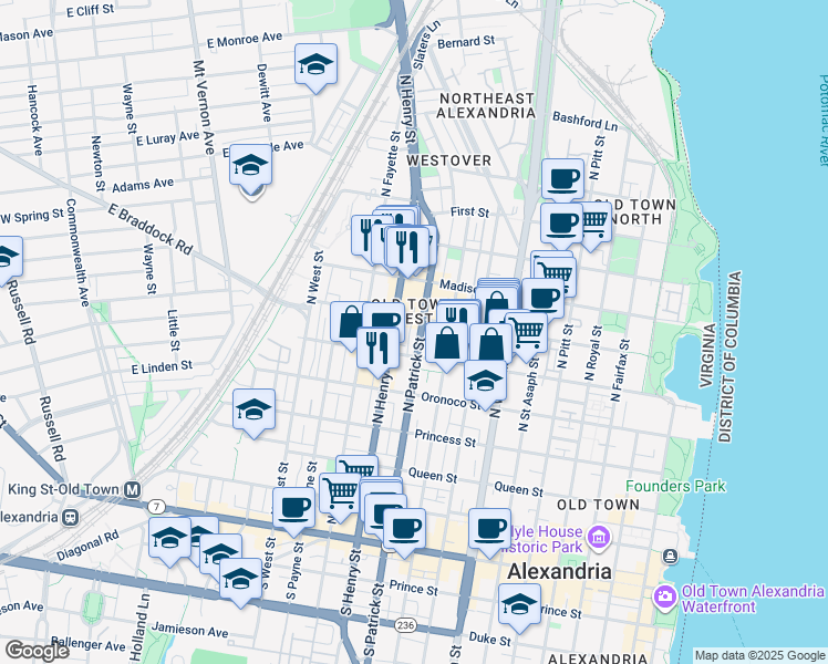 map of restaurants, bars, coffee shops, grocery stores, and more near 624 North Patrick Street in Alexandria