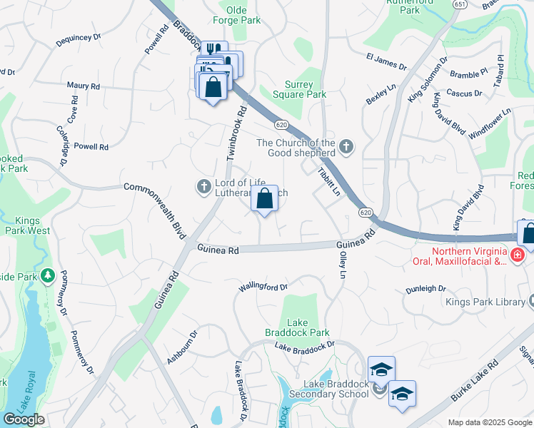 map of restaurants, bars, coffee shops, grocery stores, and more near 9519 Harrowhill Lane in Burke