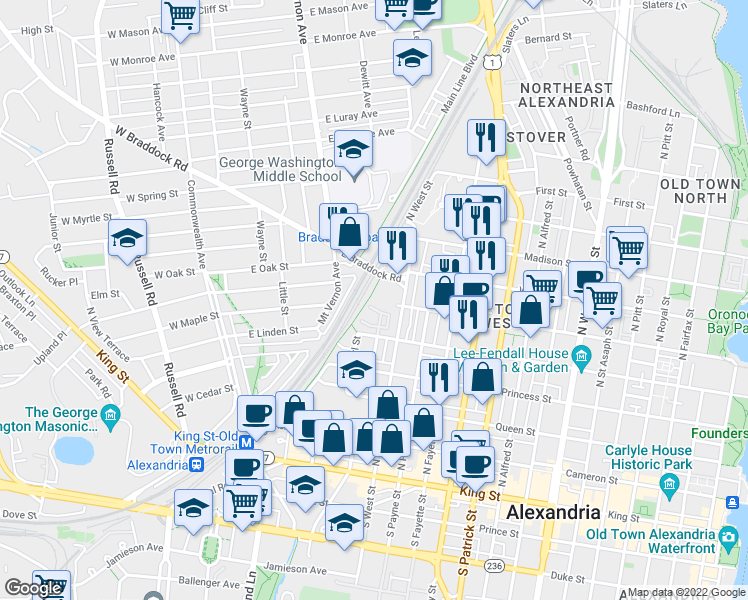 map of restaurants, bars, coffee shops, grocery stores, and more near 551 Colecroft Court in Alexandria