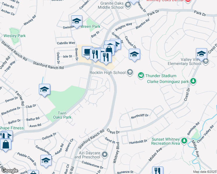 map of restaurants, bars, coffee shops, grocery stores, and more near 3220 Santa Fe Way in Rocklin