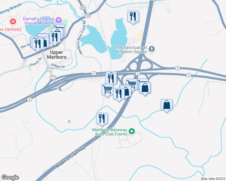 map of restaurants, bars, coffee shops, grocery stores, and more near 5701 Crain Highway in Upper Marlboro