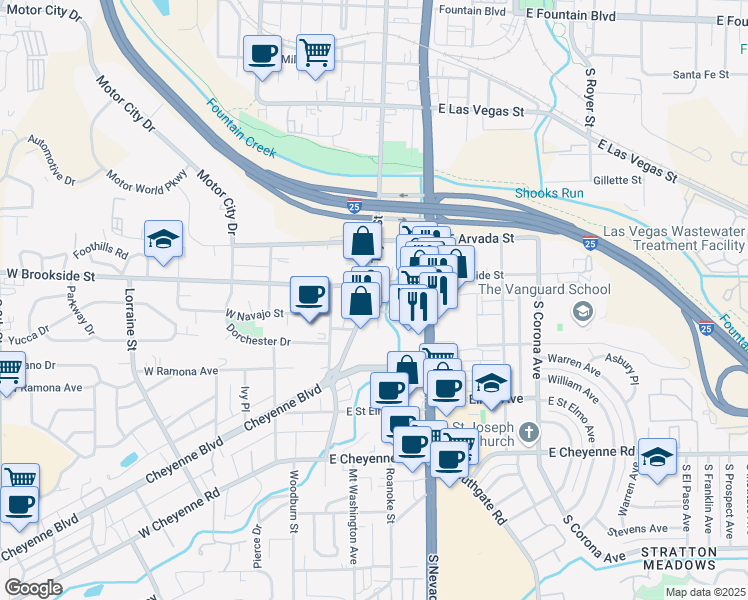 map of restaurants, bars, coffee shops, grocery stores, and more near 109 East Brookside Street in Colorado Springs