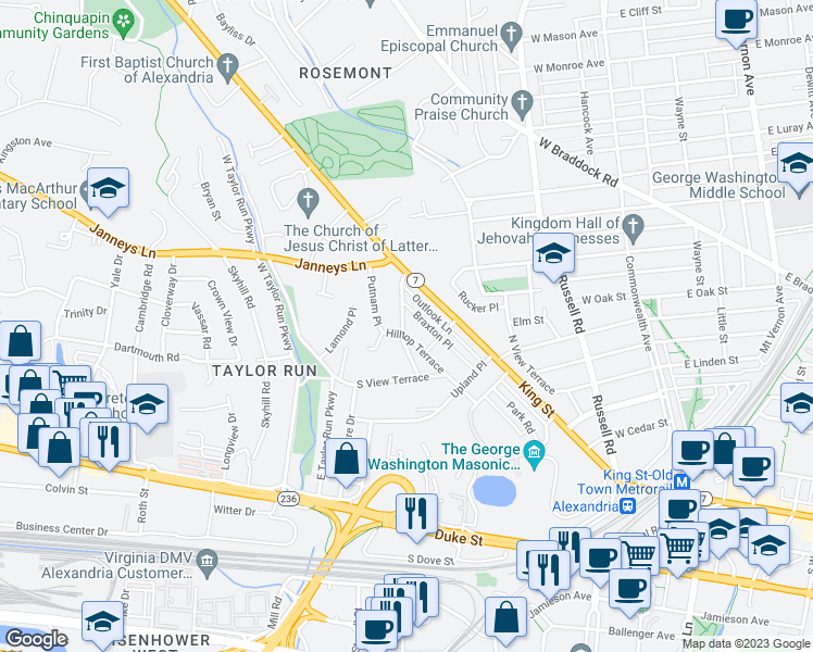 map of restaurants, bars, coffee shops, grocery stores, and more near 709 West View Terrace in Alexandria