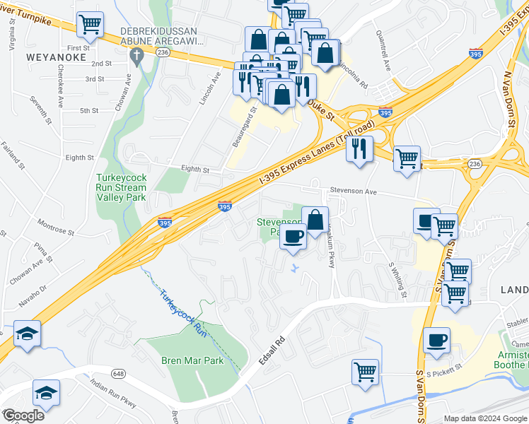 map of restaurants, bars, coffee shops, grocery stores, and more near 216 Stevenson Square in Alexandria