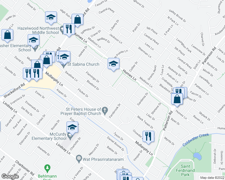 map of restaurants, bars, coffee shops, grocery stores, and more near 1210 Verlene Drive in Florissant