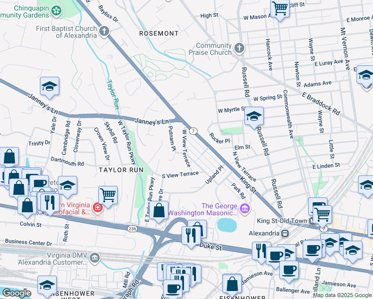 map of restaurants, bars, coffee shops, grocery stores, and more near 709 West View Terrace in Alexandria