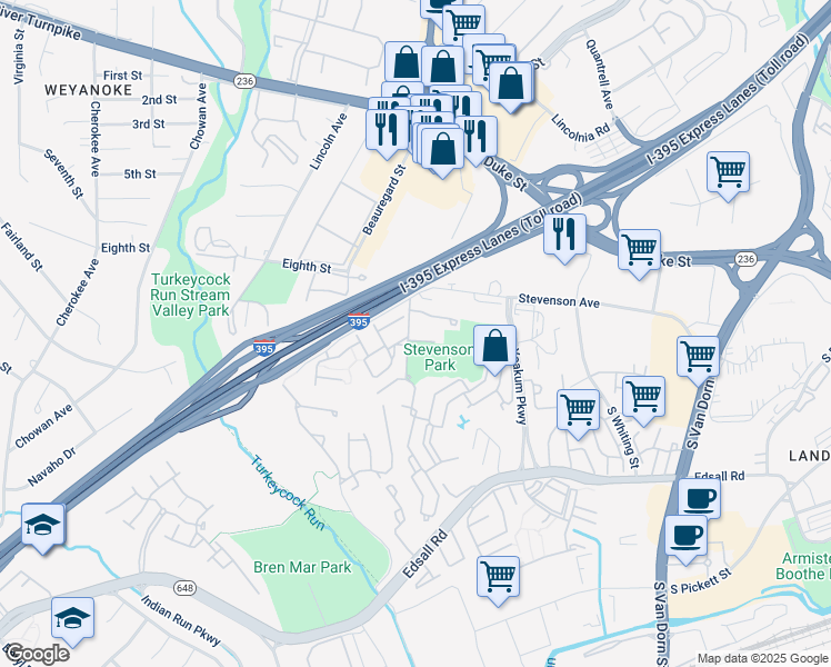map of restaurants, bars, coffee shops, grocery stores, and more near 216 Stevenson Square in Alexandria