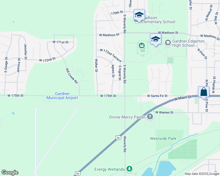 map of restaurants, bars, coffee shops, grocery stores, and more near 31311 West 174th Street in Gardner